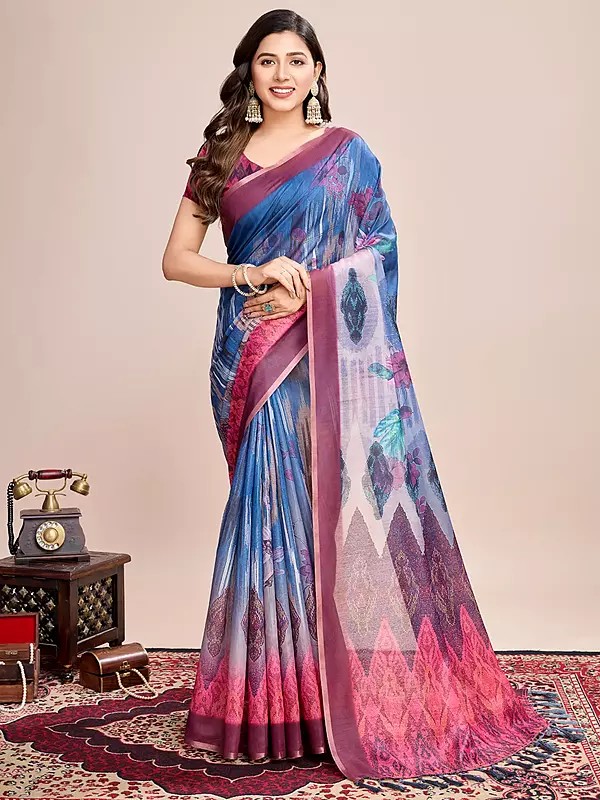 Cool-Blue Geometric Motifs Print Semi Linen Attractive Party Wear Saree With Tassels Pallu