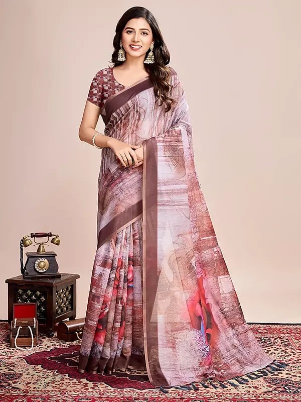 Abstract Printed Semi Linen Designer Party Wear Saree With Blouse