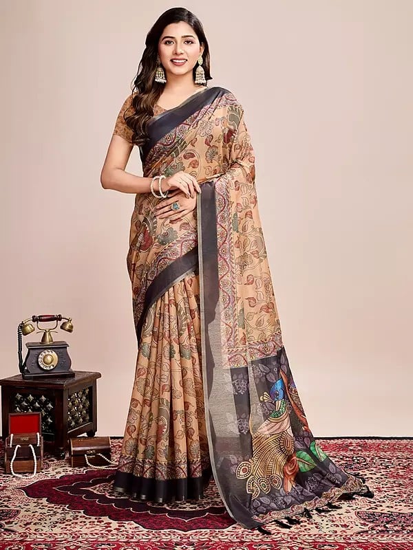 Peach-Orange Semi Linen Printed Attractive Party Wear Saree With Peacock Motifs Tassels Pallu