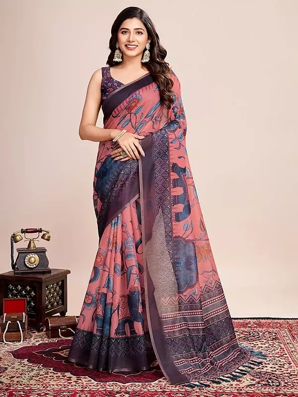 Light-Salmon-Pink Elephant Motifs Printed Semi Linen Festive Wear Saree With Tassels Pallu