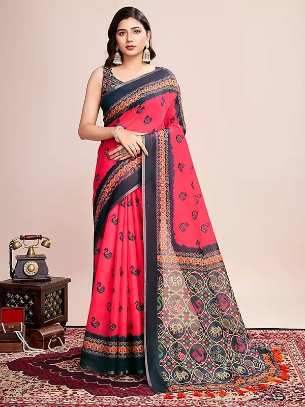 Radical-Red Small Motifs All Over Printed Semi Linen Attractive Saree With Designer Tassels Pallu