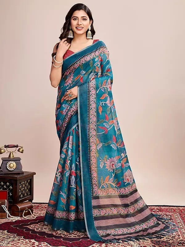 Eastern-Blue Semi Linen Floral Printed Attractive Festive Wear Saree With Striped Tassels Pallu