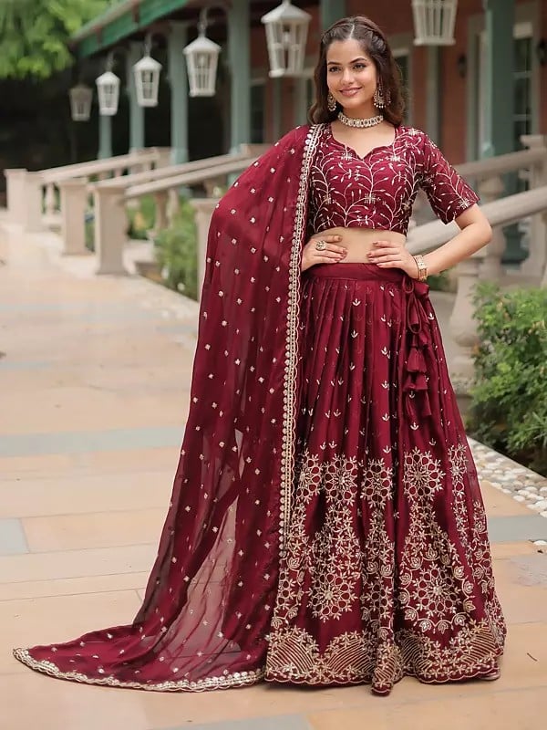 Wine-Red Rangoli Silk Heavy Sequins And Thread Embroidery Work Attractive Lehenga Choli With Dupatta