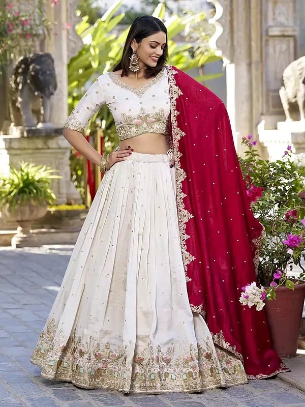 Vichitra Silk Sequins And Thread Embroidery Work Lehenga Choli With Attractive Dupatta