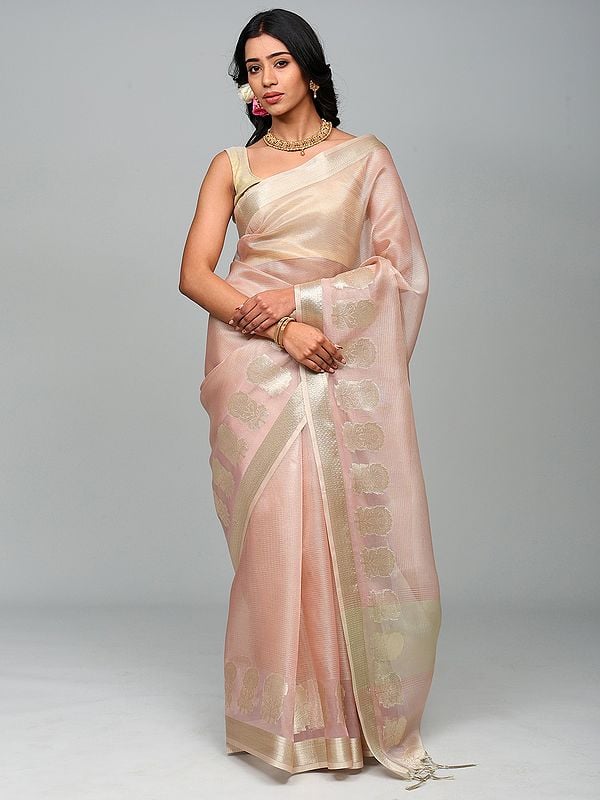 Golden Thread Woven Saree from Banaras with Floral Border