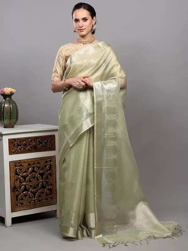Golden Thread Woven Saree from Banaras with Floral Border