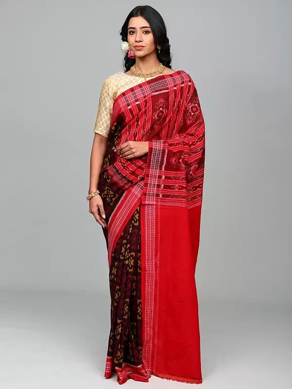 Port-Royale Pure Cotton Ikat Handloom Saree from Sambalpur with Rudraksha Woven Border