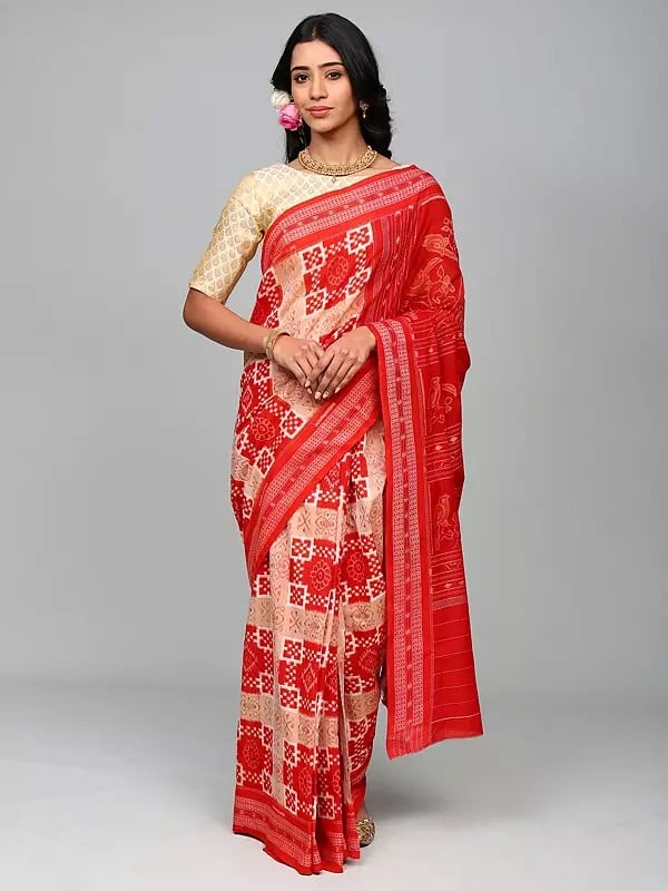 Mars-Red Pure Cotton Ikat Saree from Sambalpur with Rudraksha Woven Border and Birds Pallu