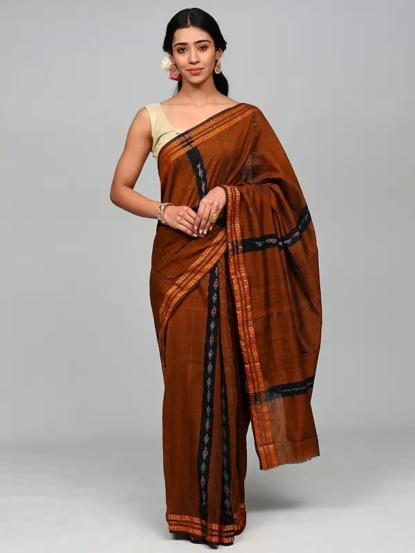 Caramel-Cafe Ikat Weave Pure Cotton Saree from Sambalpur with Rudraksha Border