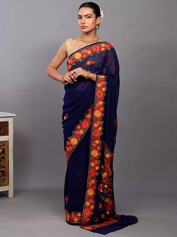 Georgette Kashmiri Saree with Aari Embroidered Multicolor Flowers