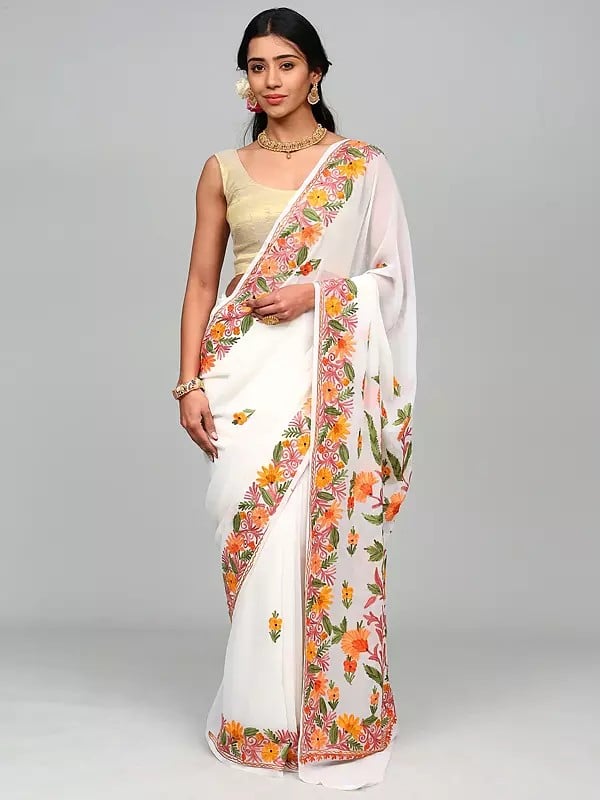 Cannoli-Cream Floral Aari Embroidered Georgette Saree from Kashmir