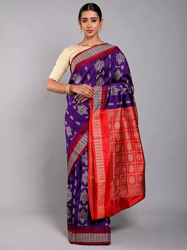 Tribal Motifs Bomkai Saree with Temple Border from Odisha and Contrast Border and Anchal