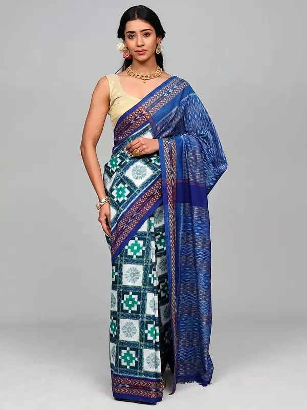 Tri-Color Blue, Green and White Pure Cotton Ikat Handloom Sambalpuri Saree from Odisha