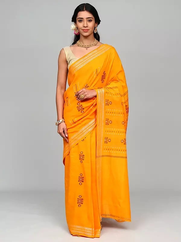 Radiant-Yellow Pure Cotton Sambalpuri Saree with Thread Woven Motifs and Rudraksha Border