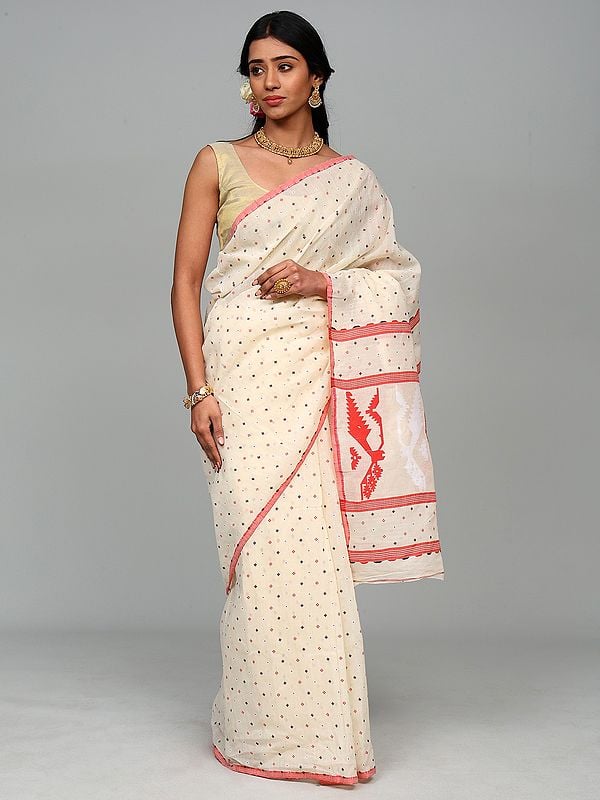 Ivory Pure Cotton Jamdani Handloom Saree with All-Over Woven Bootis from Bengal