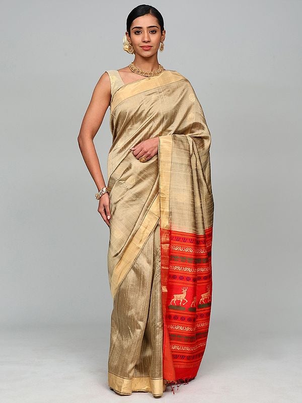 Timber-Wolf Khadi Silk Saree from Bangalore with Golden Thread work and Woven Deer-Flowers on Anchal