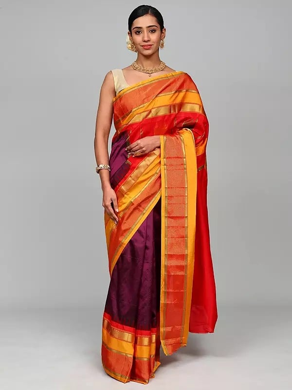 Plum-Purple Pure Silk Temple Border Saree from Bangalore with Zari Weave and Contrast Pallu