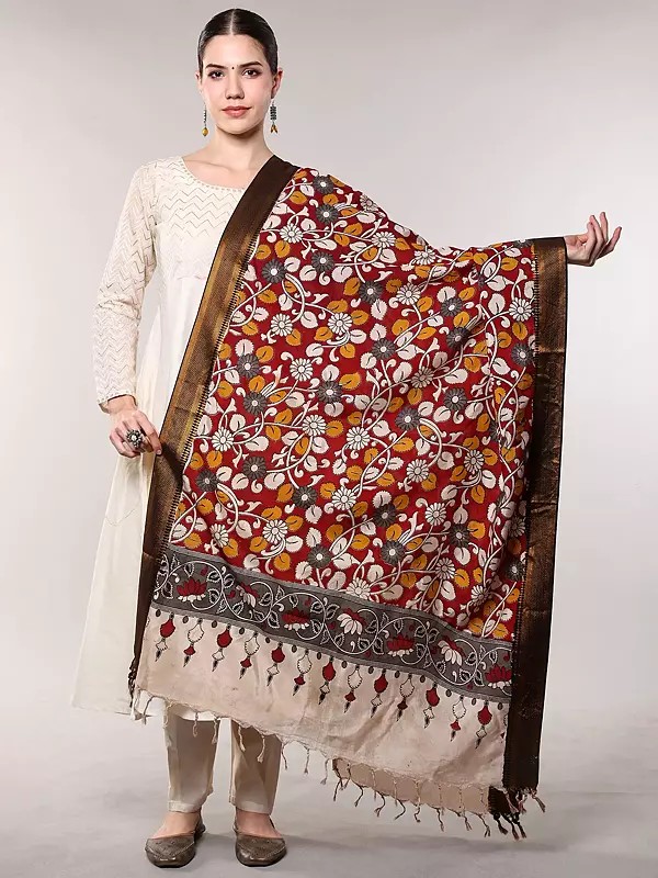 Printed Floral Vines Kalamkari Dupatta from Telangana with Zari work Border