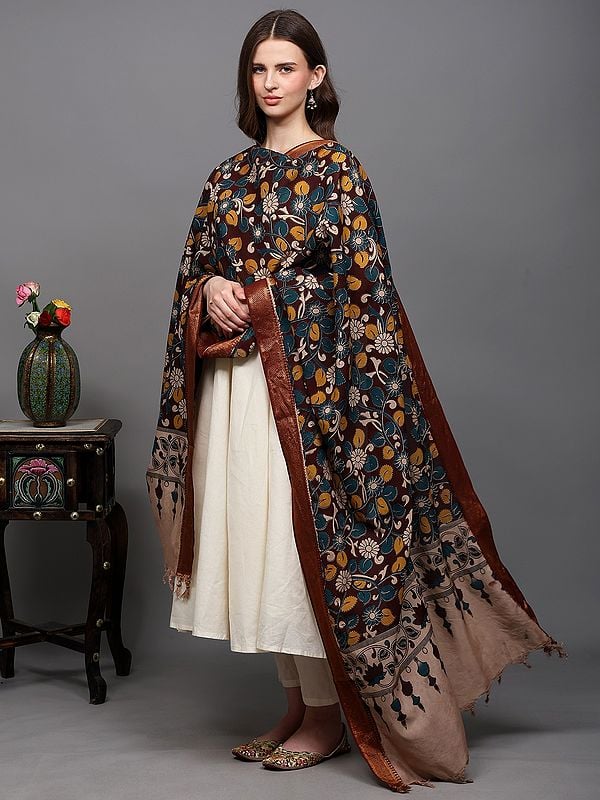 Kalamkari Dupatta from Telangana with Floral Vine Print and Zari work Border