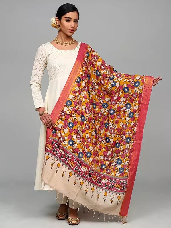 Golden-Yellow Floral Vine Printed Kalamkari Dupatta from Telangana with Zari work Border