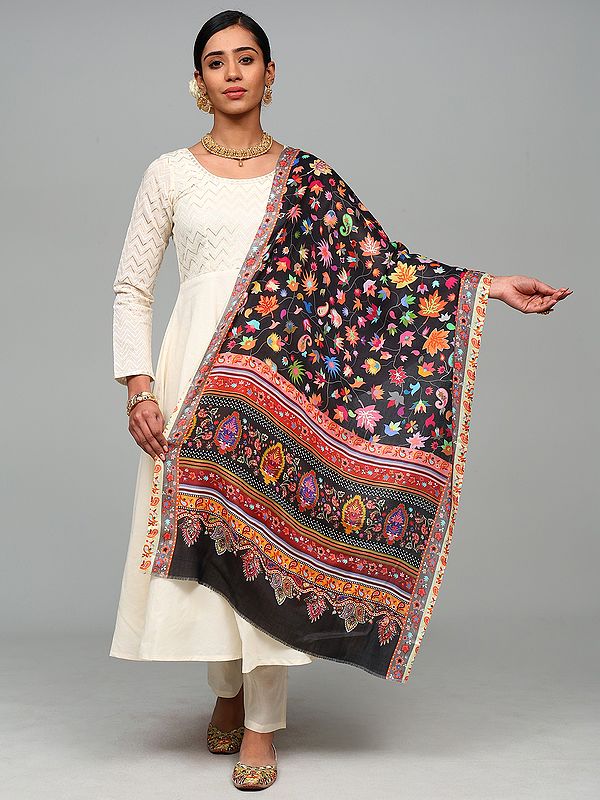 Jet-Black Diamond Weave Stole with Multicolor Printed Paisleys-Flowers from Amritsar