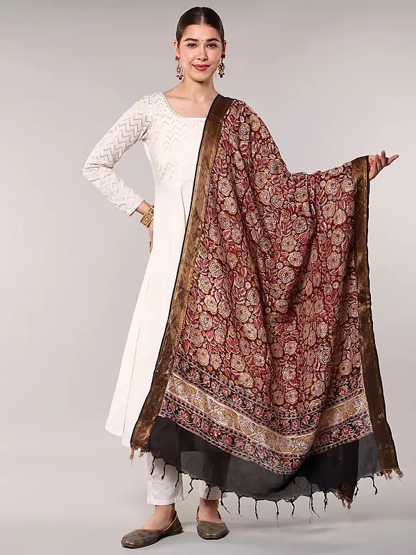 Kalamkari Dupatta from Telangana with Zari Border and Flower Leaf Print