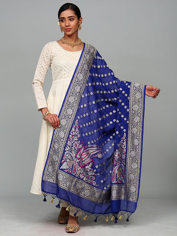 Classic-Blue Banarasi Pure Chiffon Handloom Dupatta with Woven Bootis and Flowers