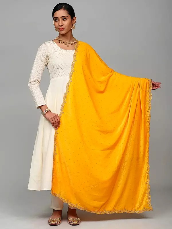 Velvet Dupatta from Amritsar with Golden Thread woven Floral Scalloped Border and Bead work
