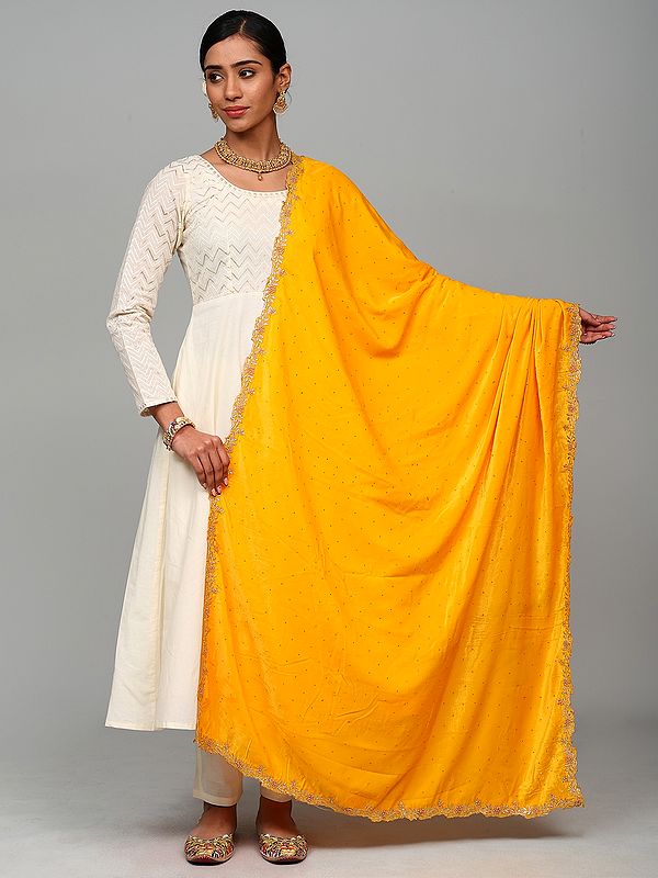 Gold-Fusion Velvet Dupatta from Amritsar with Golden Thread woven Floral Scalloped Border and Bead work