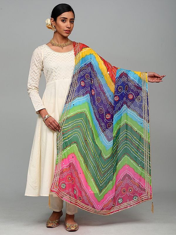 Multicolor Georgette Bandhani Dupatta with Bead-Mirror work and Gotta Patti Border