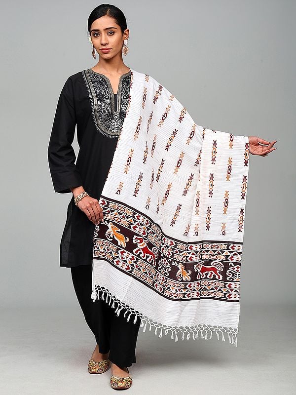 Snow-White Cotton Dupatta with Printed Jungle Scene Border