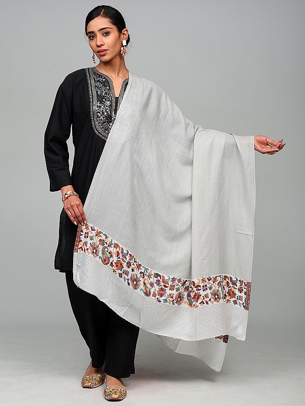 Gray-Violet Shawl from Amritsar with Paisleys and Flowers Woven Kani Border