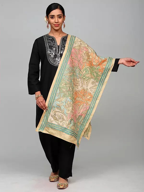 Beige Pure Silk Stole from Bengal with Kantha Embroidered Flowers