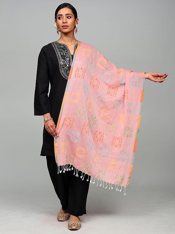 Powder-Pink Cotton Dupatta with Woven Box Pattern and Fringes Border