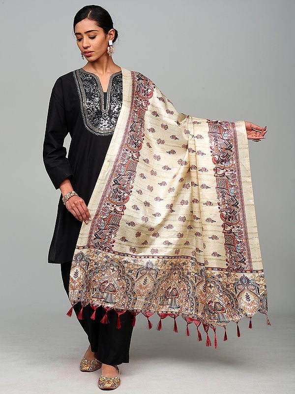 Madhubani Art Dupatta with Printed Marriage Procession and Fishes