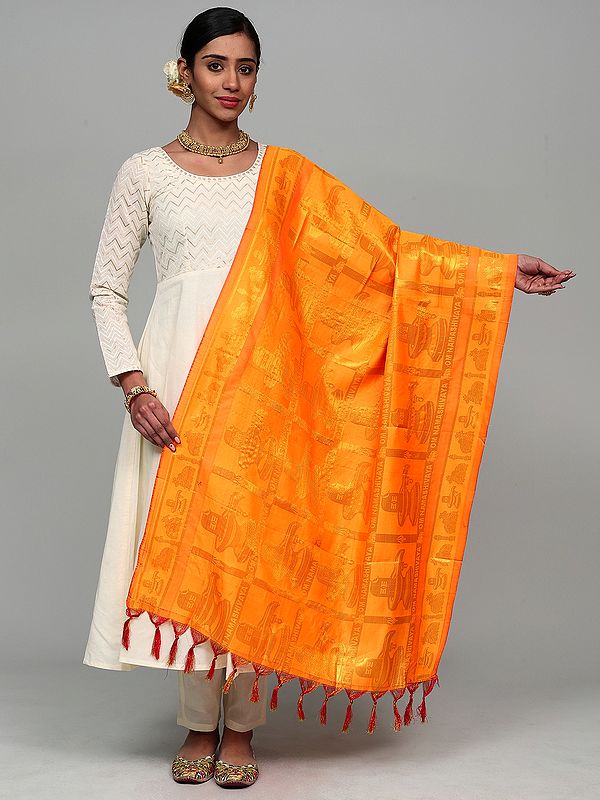 Brocaded Shiv Ling Prayer Shawl with Woven Om Namah Shivay Mantra and Nandi from Tamil Nadu