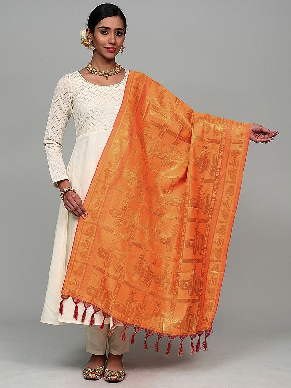 Brocaded Shiv Ling Prayer Shawl with Woven Om Namah Shivay Mantra and Nandi from Tamil Nadu