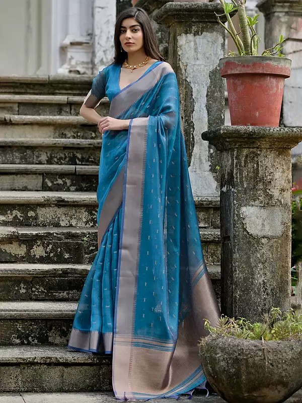 Zari Woven Butti All Over Soft Tussar Silk Saree With Tassels Pallu For Festival Occasion