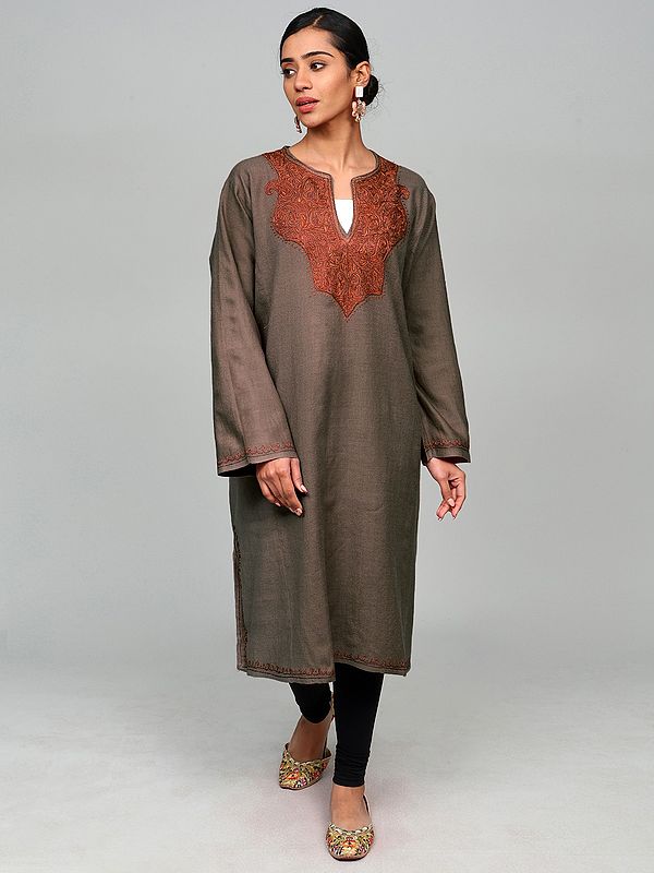 Wool Kashmiri Phiran with Aari Embroidered Paisleys on Neck and Side Pockets
