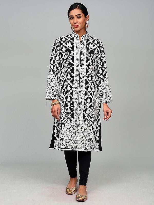 Black-Onyx Kashmiri Long Jacket with All Over Aari Embroidered Flowers and Paisleys