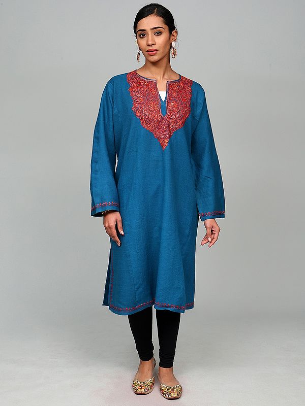 Moroccan-Blue Sozni Embroidered Wool Phiran with Paisley Motifs on Neck from Kashmir