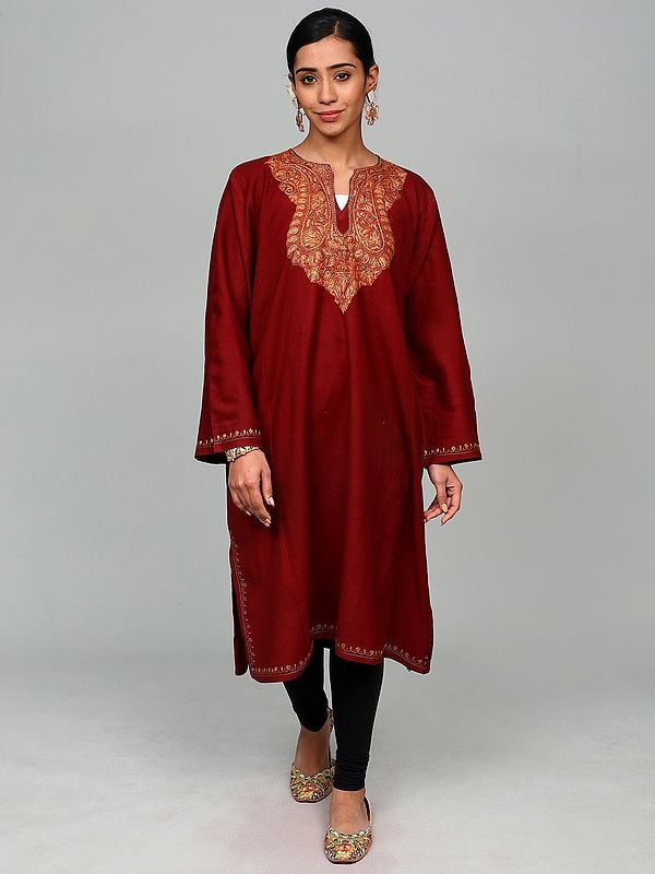 Red-Dahlia Kashmiri Phiran with Paisleys Sozni Embroidery and Side Pockets