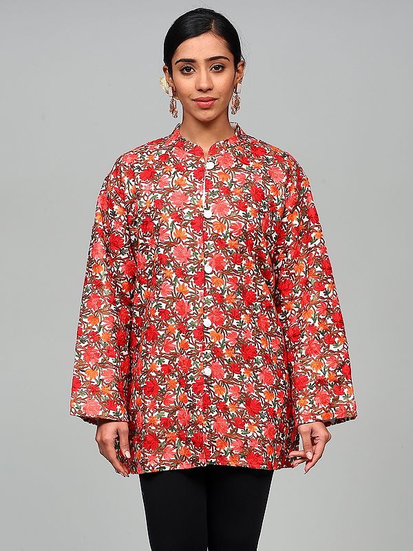 Lucent-White Wool Kashmiri Short Jacket with Multicolor Floral Vine Aari Embroidery