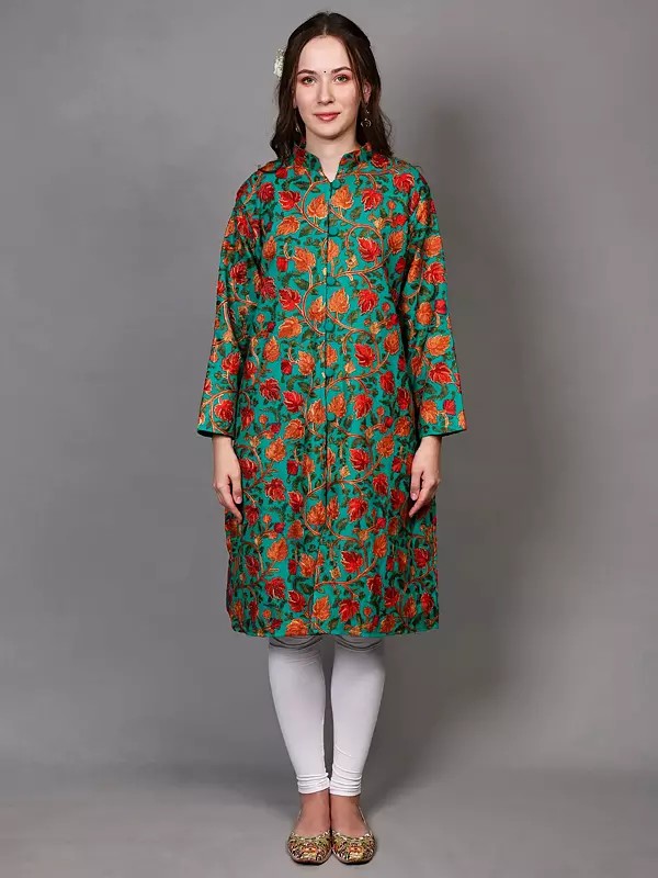 Kashmiri Long Jacket with Aari Embroidered Maple Vines