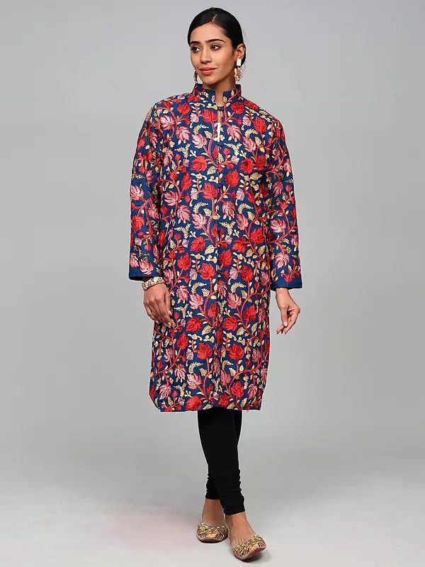 Aari Embroidered Long Jacket From Kashmir with Floral Vine Patterns
