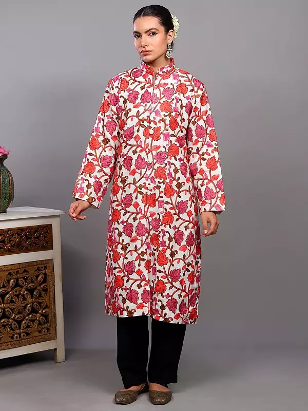 Wool Long Jacket with Aari Embroidered Floral Jaal from Kashmir