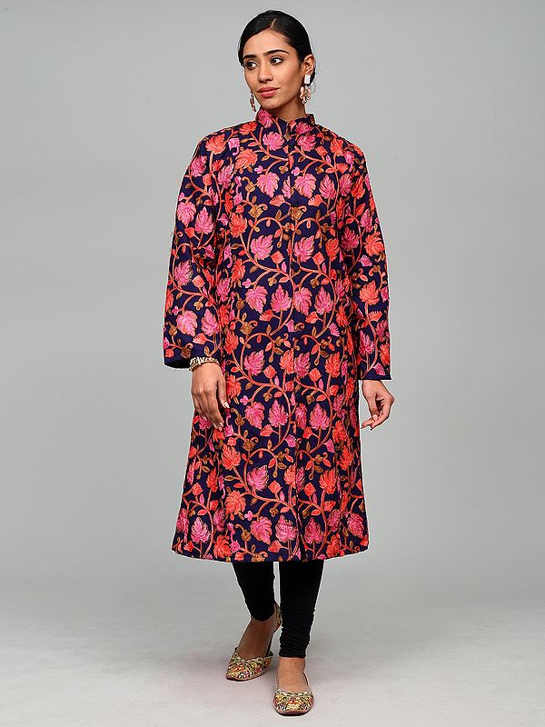 Patriot-Blue Wool Long Jacket with Aari Embroidered Floral Jaal from Kashmir