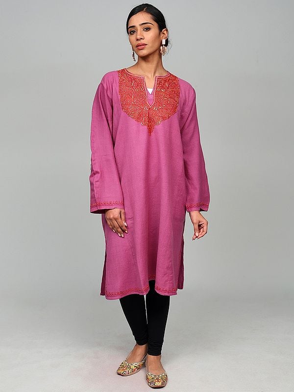 Mauve-Orchid Wool Phiran from Kashmir with Paisley Sozni Embroidery