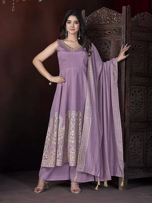 Opera-Mauve Roman Silk Mirror Work And Foil Print Party Wear Anarkali Suit With Attractive Dupatta