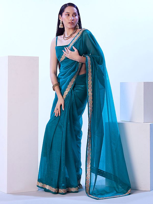 Teal-Blue Lace Border And Sequins Work Designer Party Wear Net Saree With Blouse